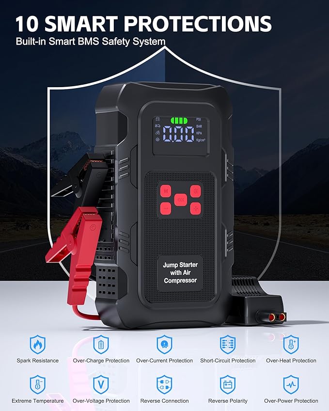 5000A Jump Starter with Air Compressor, Portable Car Battery Jump Starter with 150 PSI Tire Inflator for Up to 10.0L Gas and 8.0L Diesel Engines, 12V Jump Box Battery Charger Booster(Red)