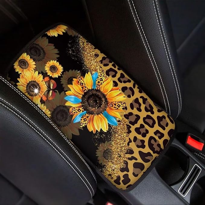Coldinair Sunflower Leopard Print Car Armrest Cover,Auto Center Console Pad,Soft Seat Box Cover Protector Cushion,Car Accessories Decor for Most Cars,Sedan,Truck,SUV