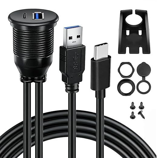 Dual Port USB A/C 3.0 Male to USB A/C 3.0 Female Extension Cable,Flush Mount Waterproof Panel Cable for Car,Truck,Boat,Motorcycle Dashboard 3.3ft