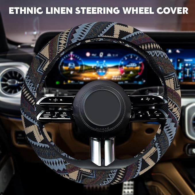 Boho Steering Wheel Cover, Steering Wheel Cover Women, 15 inch Hippie Style Protector Covers, Universal Ethnic Flax Cloth Car Accessories Universal for SUV Van Truck (Hippie-H)