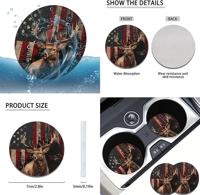 American Flag Vintage Car Steering Wheel Cover Set 6 Pcs Animal Elk Print Cup Holder Armrest Pad Gear Shift Cover,Car Handbrake Covers Auto Accessories for Men