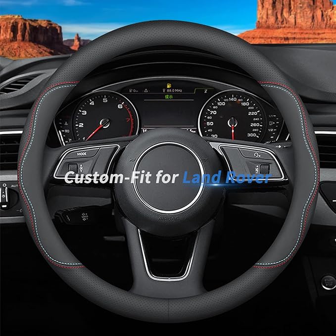 Custom-Fit for Land Rover Steering Wheel Cover, Premium Leather Car Cover with Logo, Non-Slip, Breathable, Accessories (A-Style,for Rover)