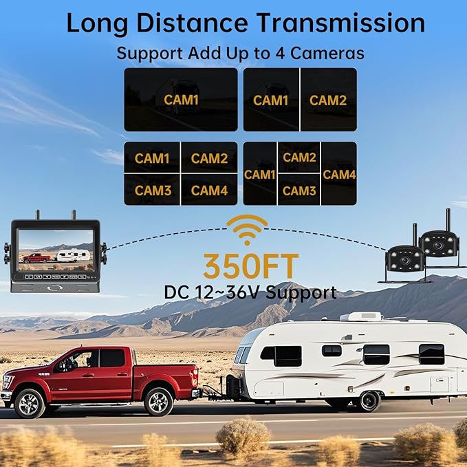 Wireless Backup Camera for RV Truck: 7" 1080P HD Monitor System with Dual Antennas, 350ft Stable Range, IP69K Waterproof, IR Night Vision, 4-Channel DVR Loop Recording for Trailer Camper Pickup