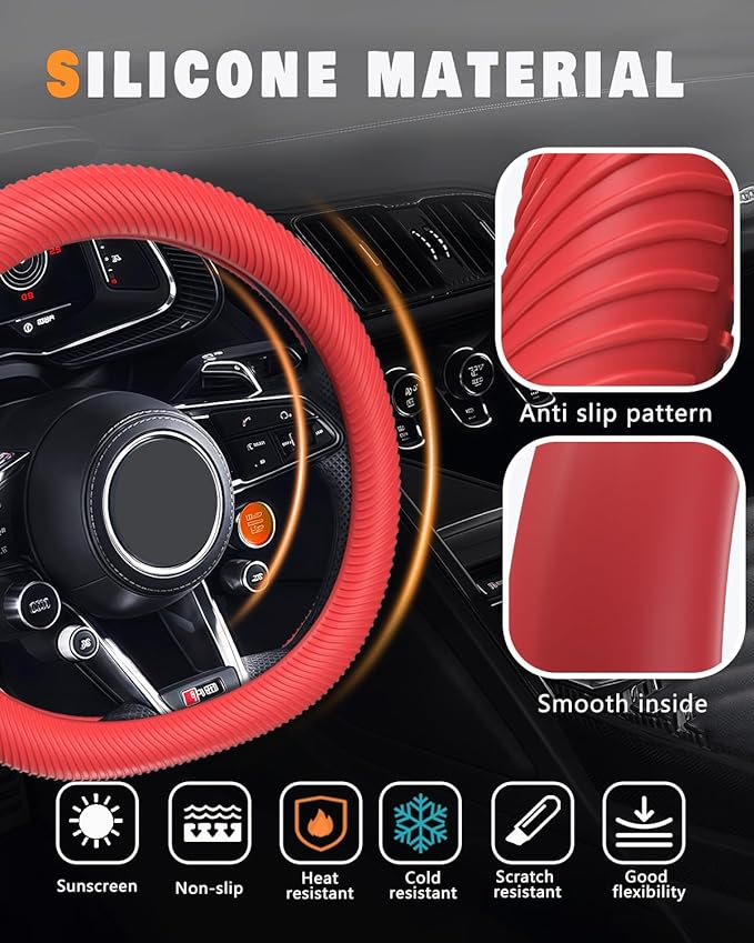 WOCOCN Car Steering Wheel Cover, Thin Anti-Skid Silicone Steering Wheel Cover for Men & Women, Universal Automotive Interior Accessories for Most Cars (Red)