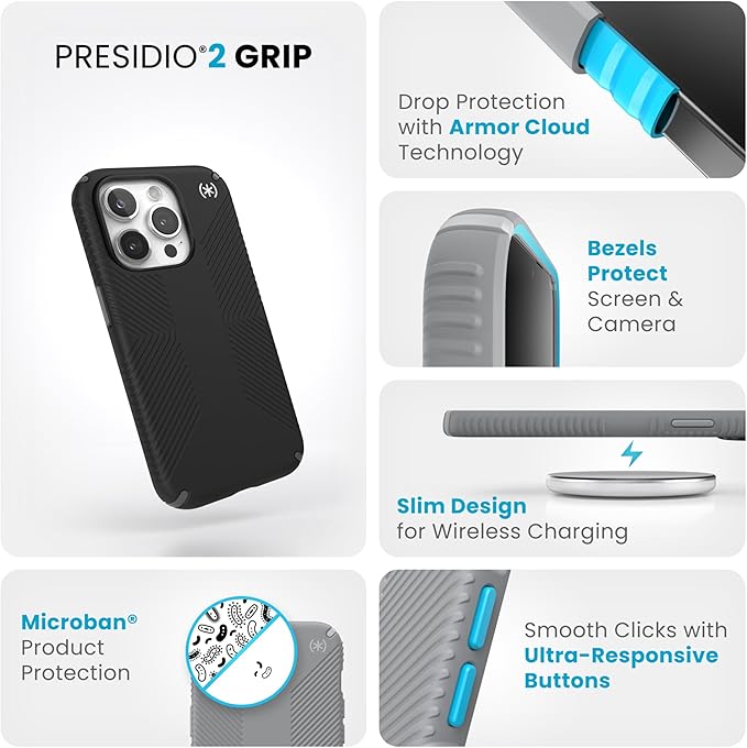 Speck iPhone 15 Pro Case - Drop Protection, Grip - Scratch Resistant, Soft Touch, 6.1 Inch Phone Case - Presidio2 Grip Black/Slate Grey/White