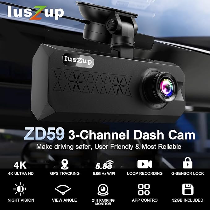 4K 3 Channel Dash Cam Front and Rear - Dash Camera for Cars - 5.8GHz WiFi GPS dashcam with IR Night Vision, 2.5K+1080P*2 Triple Car Camera 3.16" IPS, 32GB Card, G-Sensor, 24H Parking Mode