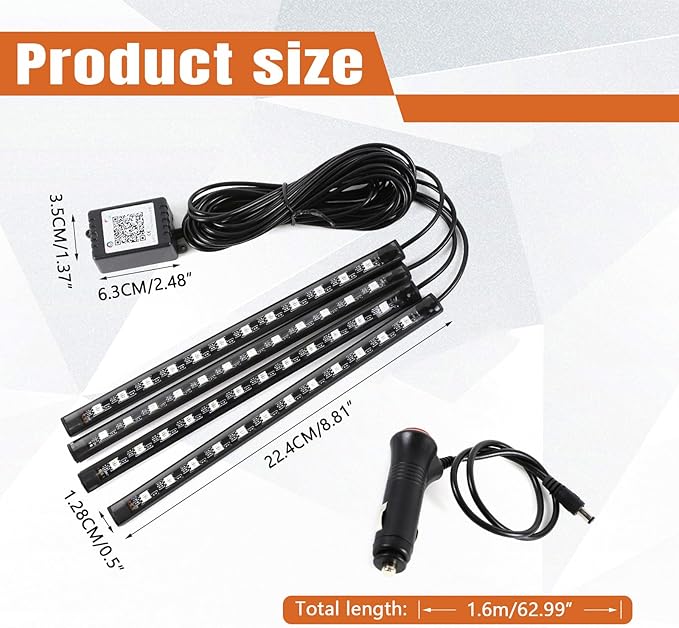 Wuyaoyao Car LED Interior Light, 48 LED Lights Multicolor Music Car Strip Light, Car Strip Light with Sound Active Function and Remote Control, Under Dash Lighting Kit (Cigarette Lighter+APP)