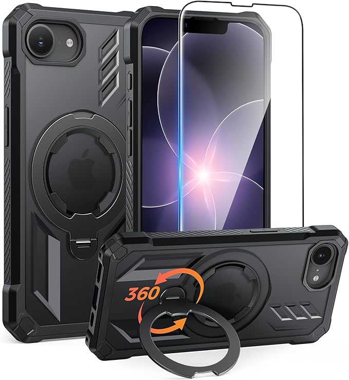 FNTCASE for iPhone 17e Phone Case: for iPhone 16e Case with [360 Spin Magnetic Ring Kickstand] [Compatible for MagSafe] [Screen Protector] Heavy Duty Military Grade Protection Case Translucent Black