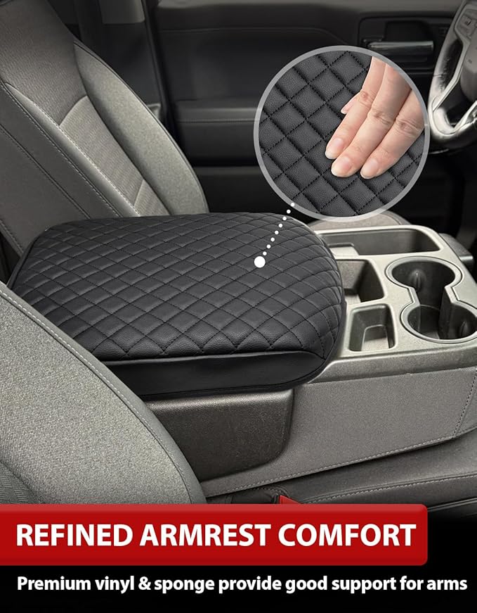 KBH Center Console Armrest Cover for Chevy Silverado & GMC Sierra 2019 2020 2021 2022 2023 2024 2025 2026, Middle Console Lid Protective Covering, Vinyl Leather, Black (Fits Jump Seat Console Only)