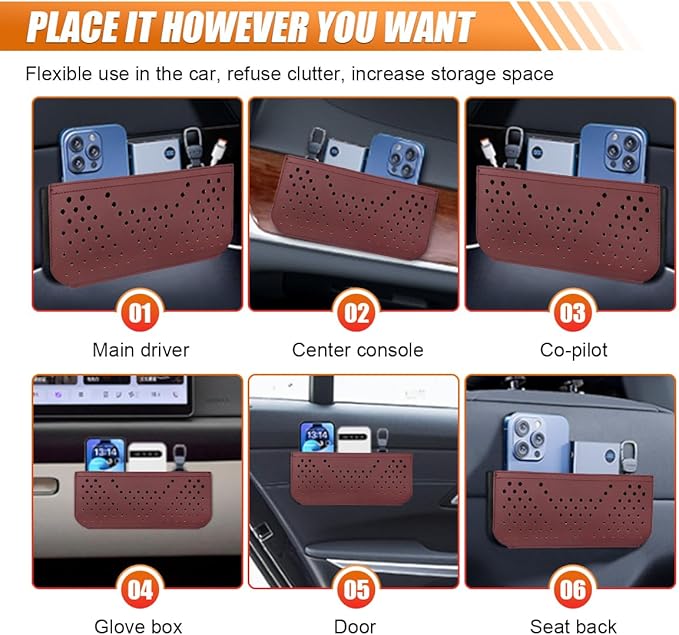 Car Seat Side Pocket Organizer, Multifunctional Mini Console Storage Bag for Phone, Keys, Sunglass, Wallet, PU Leather Tray Pouch Car Organizer Accessories for Seat, Door, Window, Console (Red)