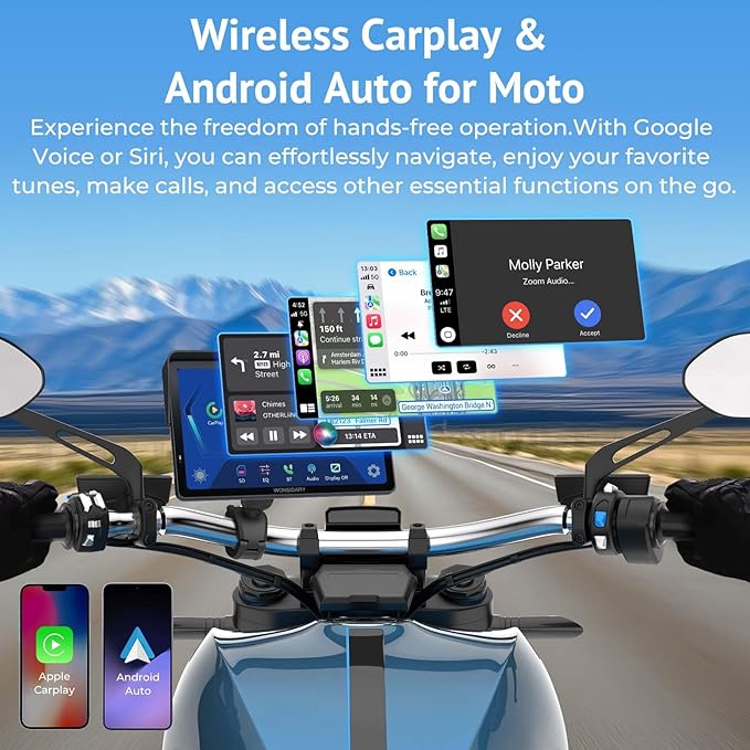 W722 for Motorcycle CarPlay & Android Auto,7" Waterproof Smart GPS Navigation System Screen,Car Play Moto with Light Sensor,Dual Bluetooth,Siri/G-Assist,EQ,USB/Hardwired Power Supply