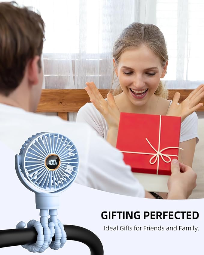 buywoo Portable Stroller Mini Fan, Small Rechargeable Personal Fan, Travel Essentials for Baby, Wagon, Car Seat, Treadmill, Battery Powered Biking Gear Accessories, 360° Rotation, 3-Speed, Display