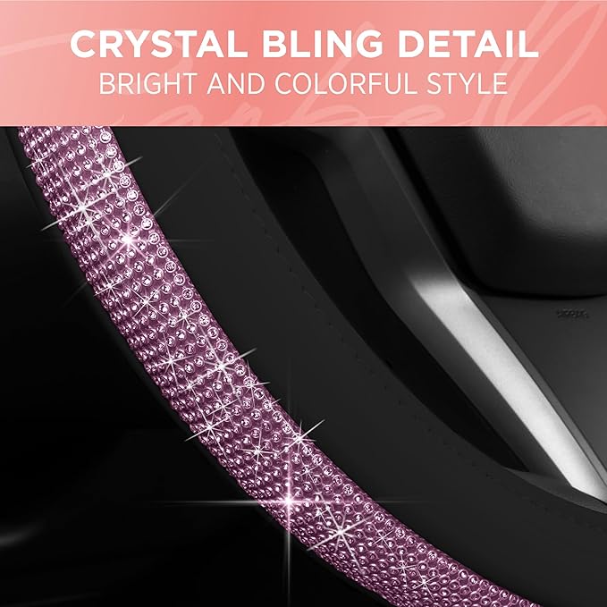 Carbella Leatherette Crystal Bling Steering Wheel Cover for Car SUV, Glitter Sparkle Rhinestone Cute Car Accessories for Women Universal Fit Standard Size (Fits 14.5"-15") - Black w/Pink Bling