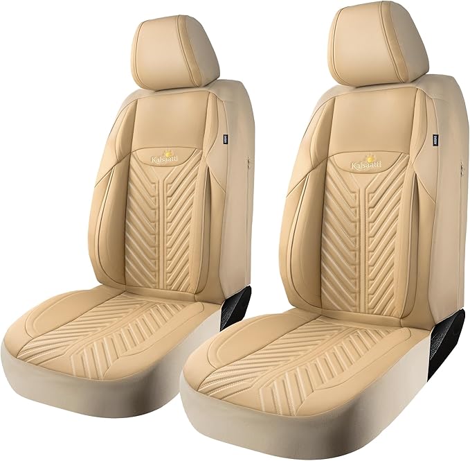 PU Leather Car Seat Covers Front Set – Waterproof seat Cover for Cars，3D Foam Support Automotive seat Covers ，Airbag Compatible, Universal Fit for Cars SUVs Trucks Sedans（Khaki）