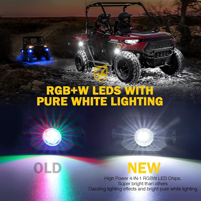 Xprite RGBW LED Rock Lights Kit with Bluetooth & Wireless Remote Controller, Multicolor Cars Underglow, Wheel, Footwell Neon Light Kits, for Off-Road UTV ATV Trucks SUV Motorcycle Boats - 4 Pods