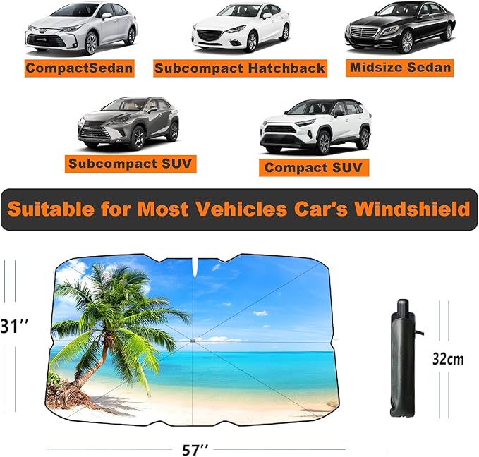 Windshield Sun Shade Umbrella for Car Front Window Sun Visor for Windshield Car Summer Accessories Protect Interior from UV Rays & Heat for Sedan, Compact SUV, Hatchbacks 57"*31"