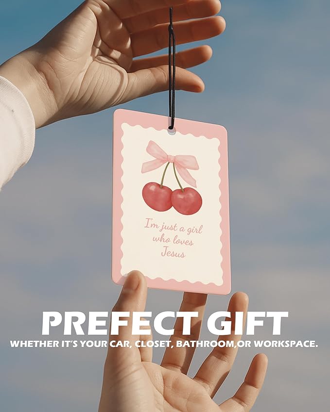 Christian Preppy Pink Cologne Car Air Freshener 4 Pcs, Coquette Pink Bow Cherry Floral Bible Verse Hanging Air Freshener for Cars Bathroom Dorm Books Decor, Cute Accessories Gifts for Women