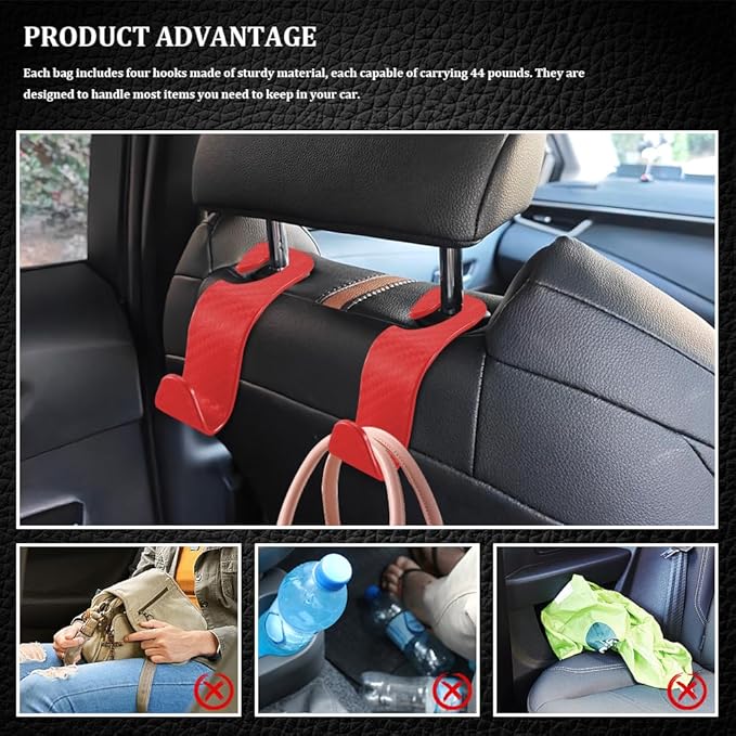4PCS Car Seat Headrest Hook, Plastic Auto Back Seat Hanger Hooks, Multi-Functional Stylish Seat Hooks, Universal Car Interior Headrest Hanger Storage Accessories for Purse Coats Handbag (Red)