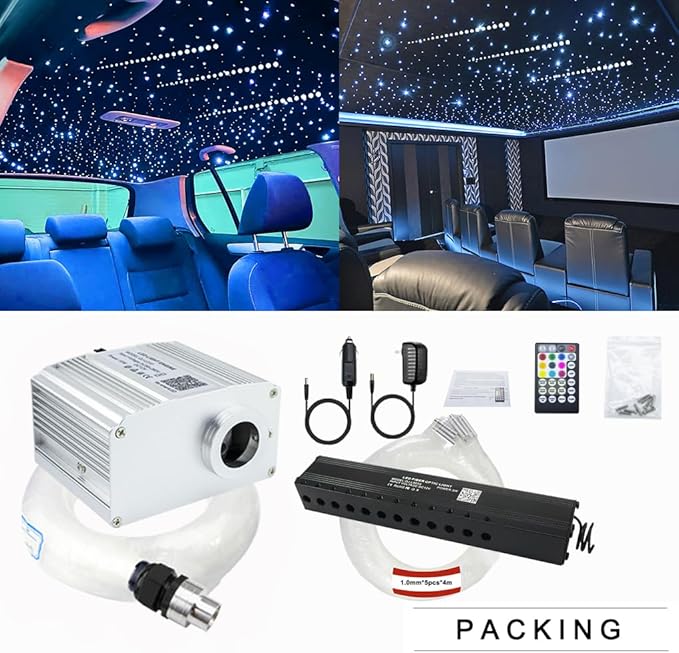 AZIMOM 10W RGBW Twinkle 550pcs 0.03in 13.1ft Fiber Optic Starlight Lights+Pure White Meteor Shooting Star Sound Activated End Glow Fiber Strands APP Remote Control Car Home Ceiling Roof Decor