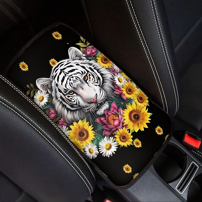 White Tiger Car Center Console Cover Dustproof Automotive Center Console Cushion Protector Non Slip Armrest Box Pad Tiger Car Accessories for Women