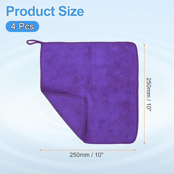 HARFINGTON 4 Pack Microfiber Cleaning Cloth, 10" x 10" Multi-Functional Cleaning Towels Reusable Absorbent Rags with Hook for Car Wash Kitchen Household Window Clean, Purple