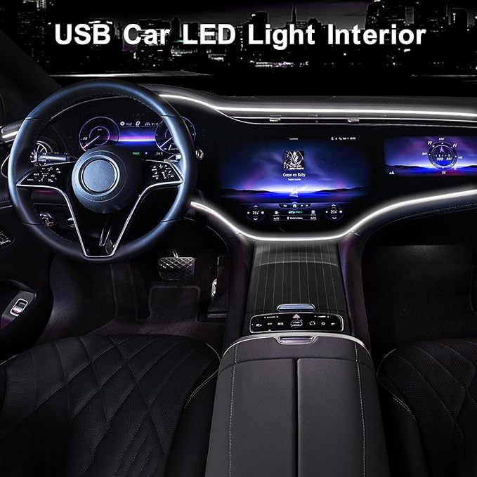 EL Wire Interior Car LED Strip Lights, 16.5FT USB Neon Glowing Strobing Electroluminescent Wire Lights with 6mm Sewing Edge, Ambient Lighting Kits for Car Indoor Decoration (White)