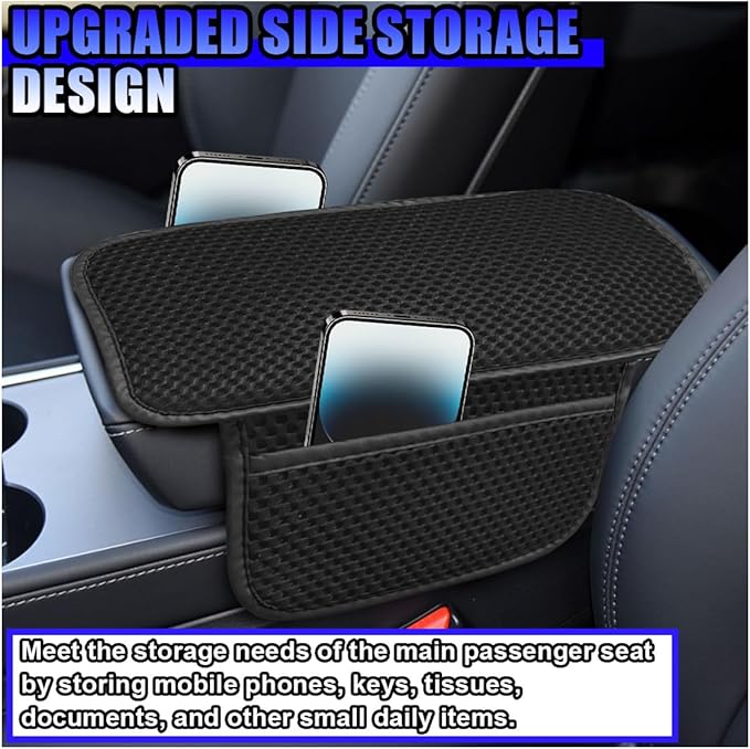 Car Center Console Cover, Cooling Auto Armrest Cushion Pad with 2 Storage Bags, Breathable Elbow Pillow Middle Console Protector, Universal Vehicle Interior Accessories (Black)