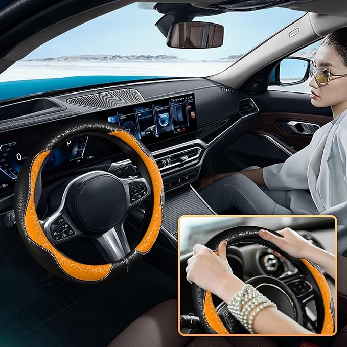 SuperKaKa Car Steering Wheel Cover 2025, Universal Auto PU Cute Breathable Slip-Proof Comfort Imitation Leather Protector Cars Interior Accessories for Women Men Fit Most Vehicle (Orange)