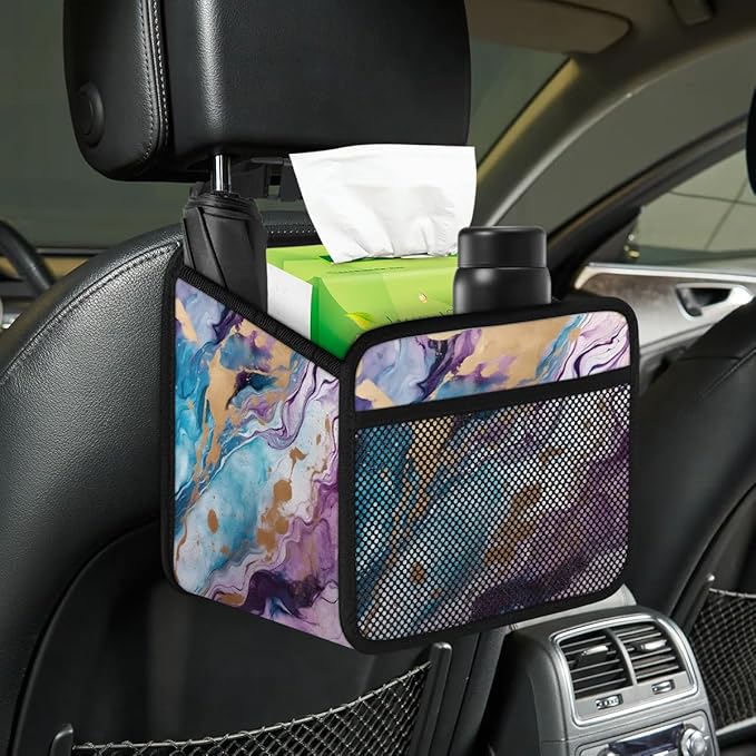 Car Organizer Back Seat Modern Marble Car Seat Back Hanging Bag PU Leather Backseat Car Organizer Foldable Car Seat Storage Bag Car Accessories