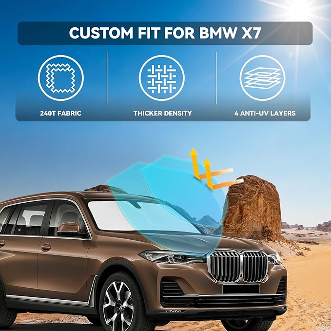 for BMW X7 2018-2025 2026 Windshield Sun Shade - 4 Layers Car Sunshades for Front Windows Shade Cover Custom Fit BMW X7 Sunshade 250T Retractable Shade Blocks UV Rays Car Accessories