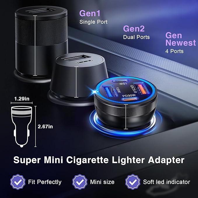 USB C Car Charger, 2 Pack 4-Port 65W Dual USB C & USB-A Cigarette Lighter USB Charger Multiport Type C Car Charger Adapter Phone Plug Cargador Carro Fast Charging for iPhone 17 16 15, iPad, Galaxy