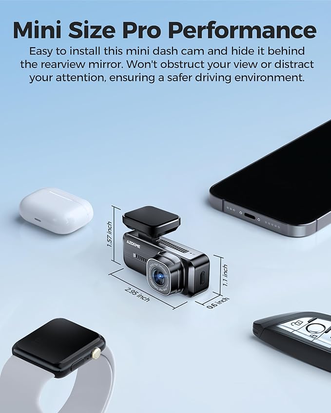 AZDOME M200 Mini Dash Cam WiFi Dashcam - Single Channel Dash Cam for Broad Road Coverage - Built-in WiFi - Full HD Resolution - Parking Monitor - App Connectivity - Collision Detection - Night Vision