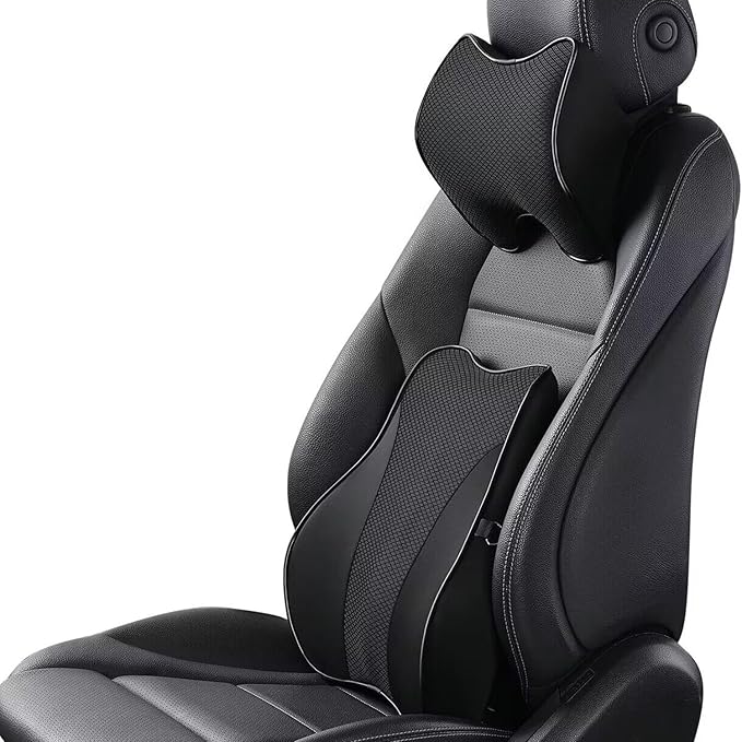 Lumbar Support and Car Neck Pillow for Office Chair and Car Seat ，Softness Memory Foam Erognomic Seat Cushion with Adjustable Strap，Comfortable Ergonomic Design (Black, Polyester)
