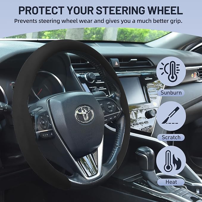 Suede Steering Wheel Cover, Universal 15 Inch Car Steering Wheel Cover, Non-Slip Design,Breathable,Car Interior Accessories Black