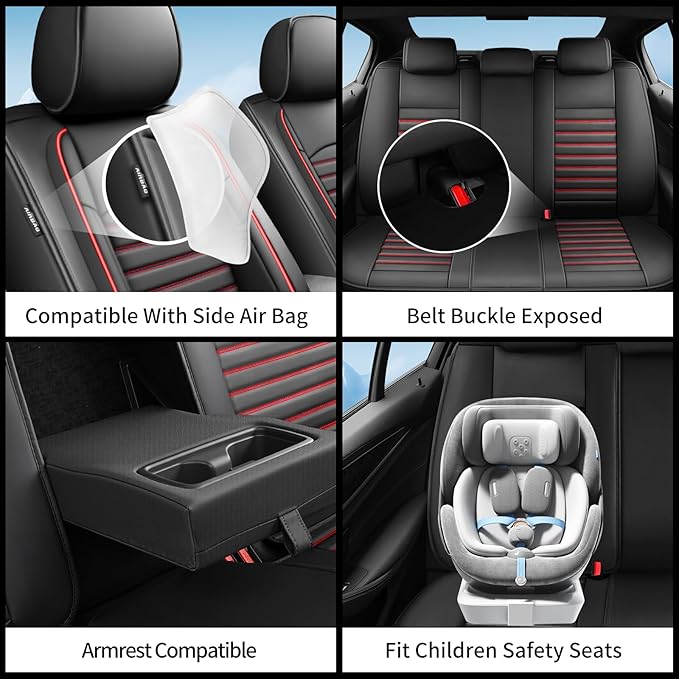 Fit RAV4 Car Seat Covers Set for Toyota RAV4 2019 2020 2021 2022 2023 2024 2025 LE,XLE,XLE Premium Limited Automotive Cushion Protector Replacement, Waterproof Faux Leather(Full Set,Black&Red)