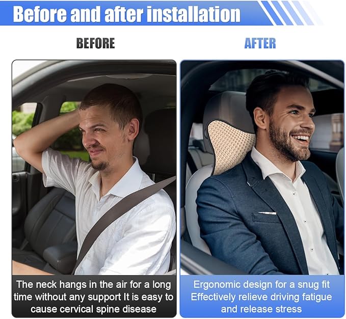 2PCS Car Headrest Pillow, Breathable Leather Car Neck Pillow, Soft Cloud Silk Cotton Neck Support Relief Cushion, Comfortable Automotive Seat Head Rest Pad for Driving Fatigue Relief (Beige)