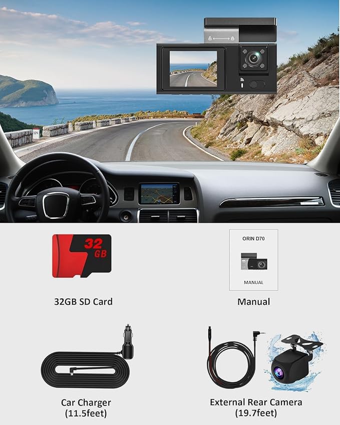 3 Channel 4K WiFi Dash Cam, 4K+1080P+1080P Front Inside and Rear, Triple Dash Camera with 32GB Card, APP Control, G-Sensor, 24 Hours Parking Mode, Loop Recording, Night Vision