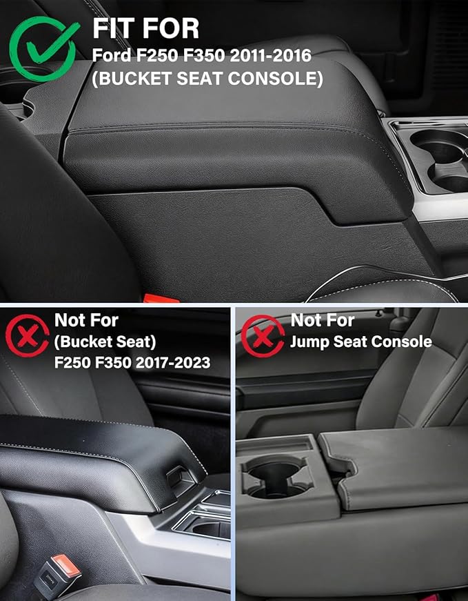Center Console Cover for 2011-2016 Ford F250 F350 F450 F550 Super Duty Accessories, PU Leather Armrest Cushion Pad Protector, Anti-Scratch, Black (Fits Bucket Seat Console Only)