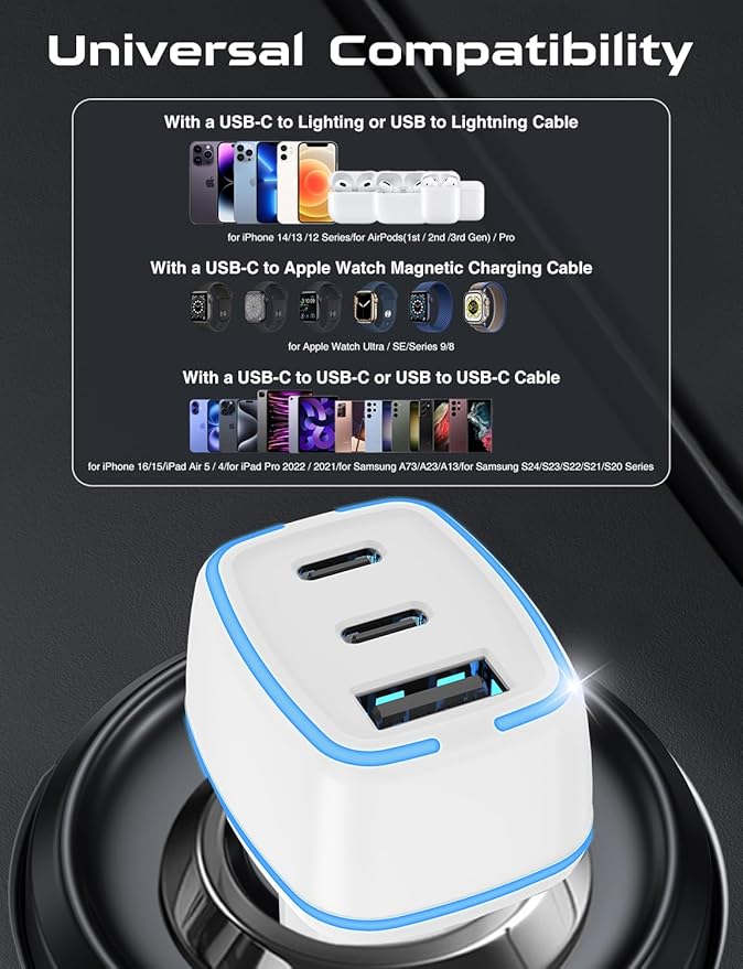 Hzevn USB C Car Charger, 3 Port PD Super Mini Cigarette Lighter Adapter, 2Pack USB-C & A Fast Car Charging for iPhone 16/15 Pro Max, Galaxy S25/S24, iPad, Pixel, Android Phones,White