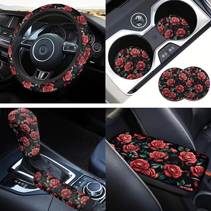 Rose Flower Print Car Steering Wheel Cover for Women 6pcs Car Interior Decor Set Handbrake Cover Cup Coaster Universal Fit Auto,Suvs,Truck
