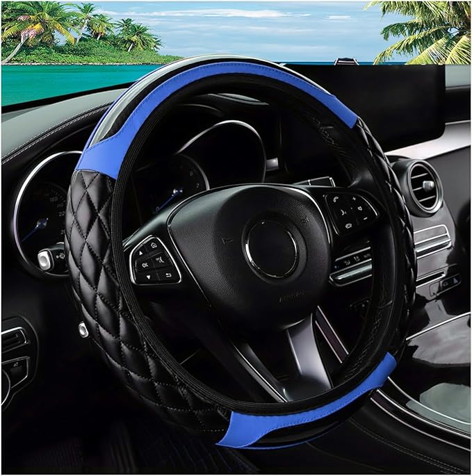 Car Steering Wheel Cover, 14.5-15inch Leather Anti-Slip Car Wheel Cover Protector, Safety Comfortable Desgin, Universal Auto Steering Wheels Accessories for Cars Truck SUV (Blue)
