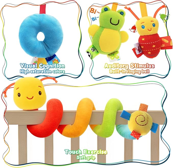 FPVERA Spiral Car Seat Toys - Baby Sensory Soft Plush Hanging Toys for 0-12 Months Stroller Crib Accessories, Essentials for Expecting Moms & Baby Shower Registry Gift