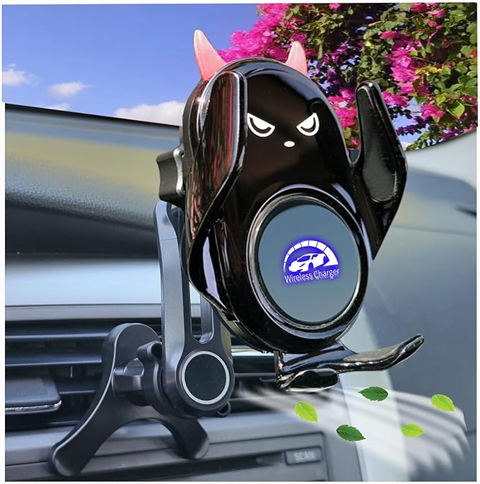 Car Phone Holder Mount Wireless Charging Auto Clamping with Rotatable Vent Clip Cute Demon for iPhone Samsung Galaxy Andriod Phone