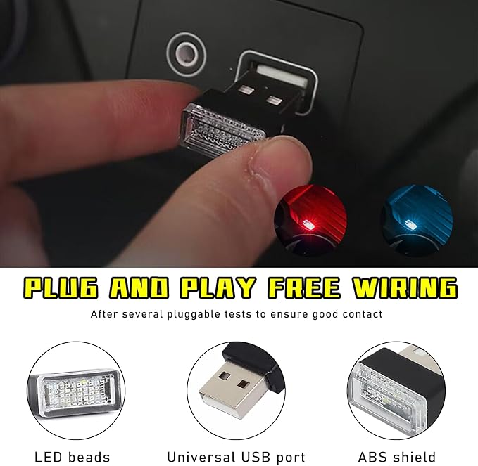 Augeny 4 PCS USB LED Car Interior Atmosphere Lamp, Plug-in USB Decor Night Light, Portable Auto Ambient Lighting Kit, Universal Vehicle Interior Accessories for Most Cars (2 Red+2 Ice Blue)