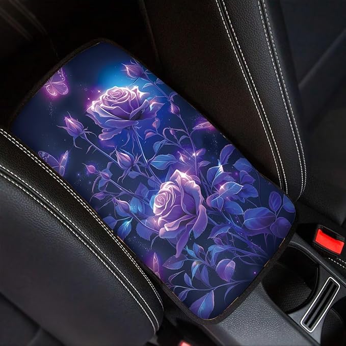 Dreaweet Purple Rose Center Console Armrest Pad Cover Car Accessories Soft Comfort Arm Rest Cover Pad Universal Middle Console Covers for Cars SUV Truck Sedan