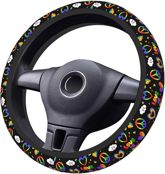 LGBTQ Pride Rainbow Heart Steering Wheel Cover for Women Elastic Rubber Steering Wheel Universal 15 Inch Fit for Cars, Auto, SUVs