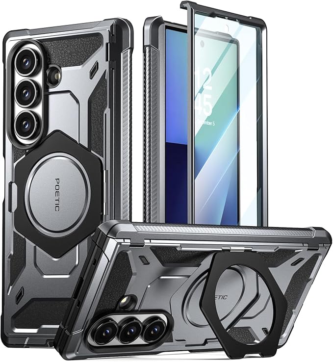 Poetic Spartan for Samsung Galaxy Z Fold 7 Case, [Hinge Protection][Magnetic Ring Adjustable Stand][Built-in Screen Protector][Compatible with MagSafe] Full-Body Rugged Phone Case, Metallic Gun Metal
