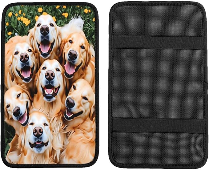 Happy Golden Retriever Dogs Car Handrail Box Cushion Armrest Cover Auto Center Console Pad Car Decor 12.6X7.5 in
