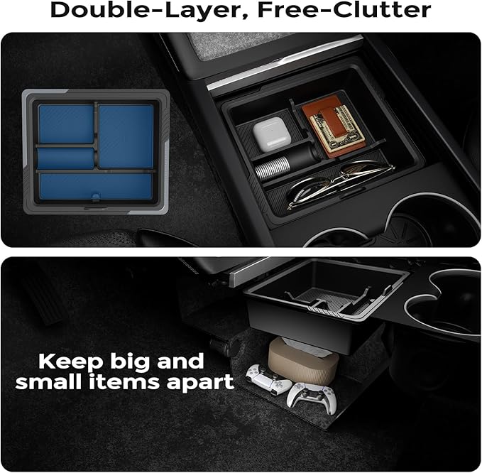 Center Console Organizer for Tesla New Model Y Juniper 2025-2026/Model 3 2024-2026 [2-Layer Design, Easy Slide] Keep Console Clutter-Free Custom Fit for Model 3 & Juniper Model Y Accessories, 4PC