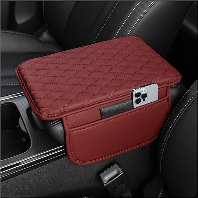 Upgraded Car Center Console Cover,Microfiber Leather Car Armrest Cover Cushion with 2 Storage Bags,Universal Cars Armrest Storage Box Cars Interior Accessories for Most Vehicles (Red)